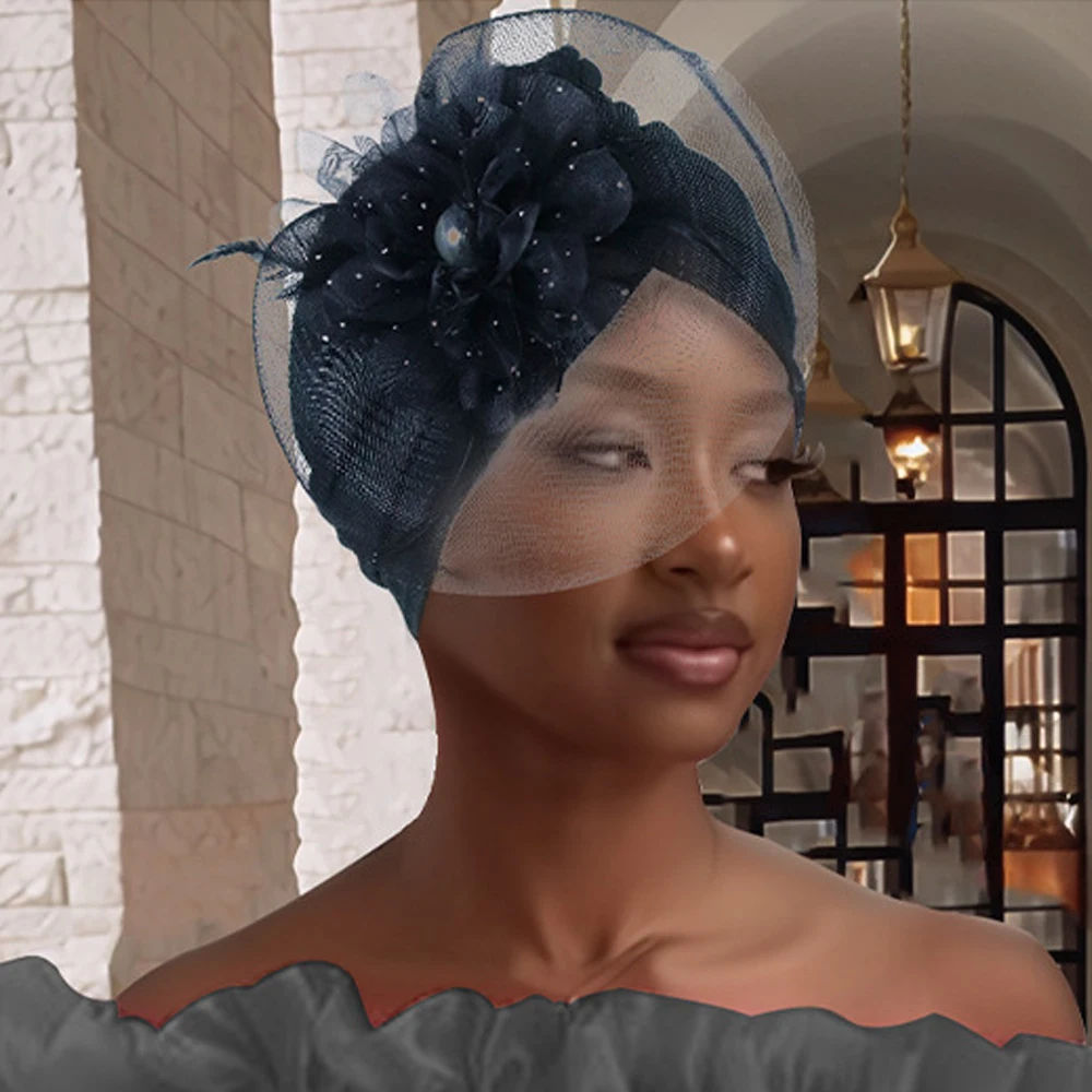 

New Women Muslim Hijab Hat Feather Flower Turban Headscarf African Head Wrap Bonnet Nigeria Wedding Cap Headwear Turbante Mujer