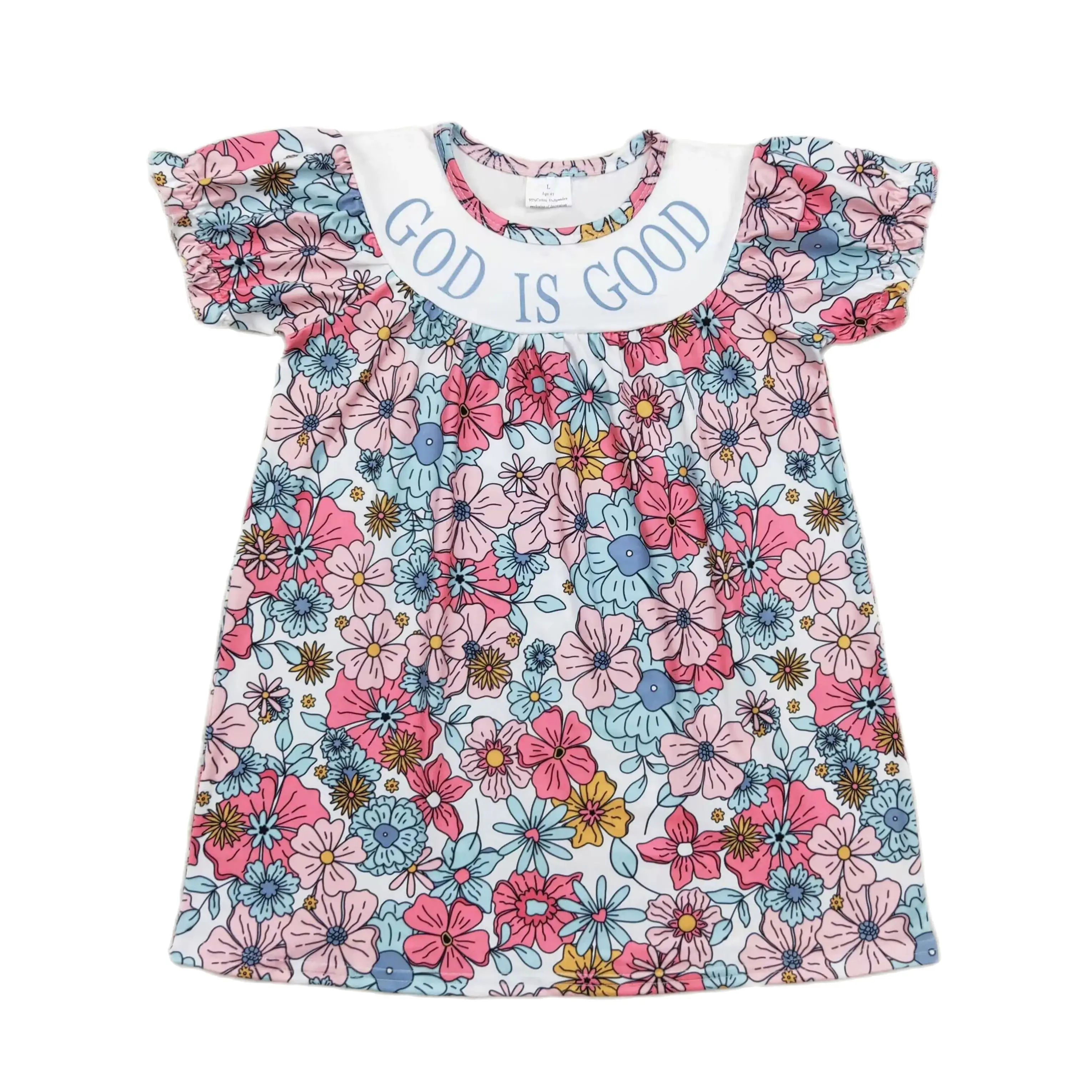 Wholesale Baby Girl Summer Short Sleeves God Is Good Floral Dress Toddler Infant Knee Length One Piece Kids Children Clothing