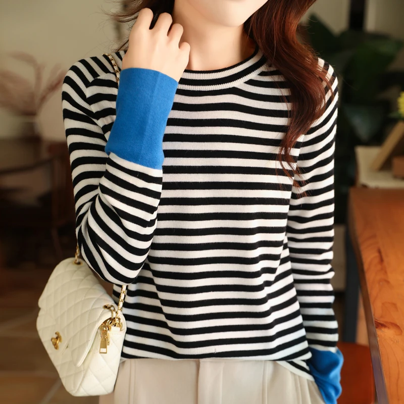 2024 women\'s cashmere sweater fashion pullover striped sweater autumn and winter women\'s cashmere sweater pullover top