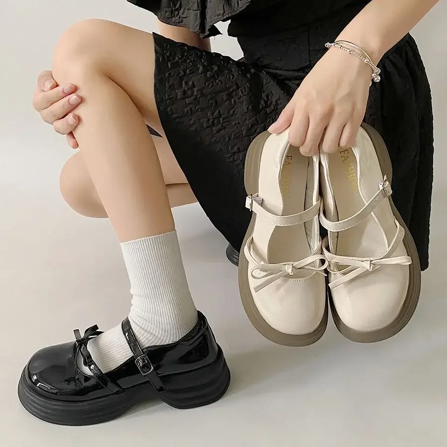 2024 New Black Chunky Platform Mary Jane Shoes for Women Autumn Patent Leather Pumps Woman Thick Bottom Bowknot Lolita Shoes