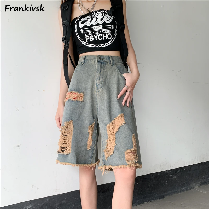 

Vintage Shorts Women Frayed Streetwear High Waist Trouser Hole Hip-hop Trendy Summer Knee Length Denim European Style Leisure