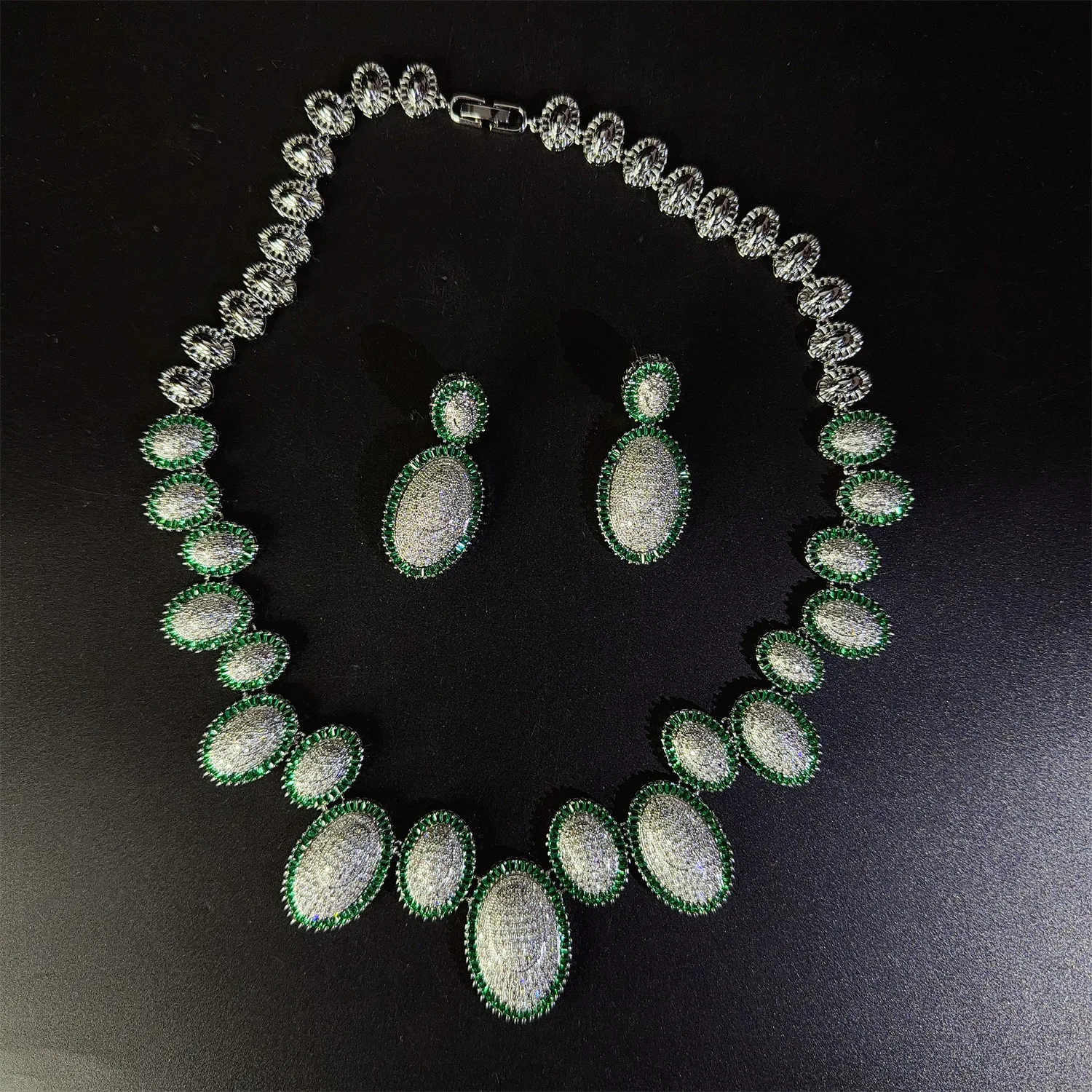 Silver Plated Oval Pave CZ Jewelry Set for Women Multi Color Halo Zircon Necklace Earrings Wedding Banquet Statement Jewelry