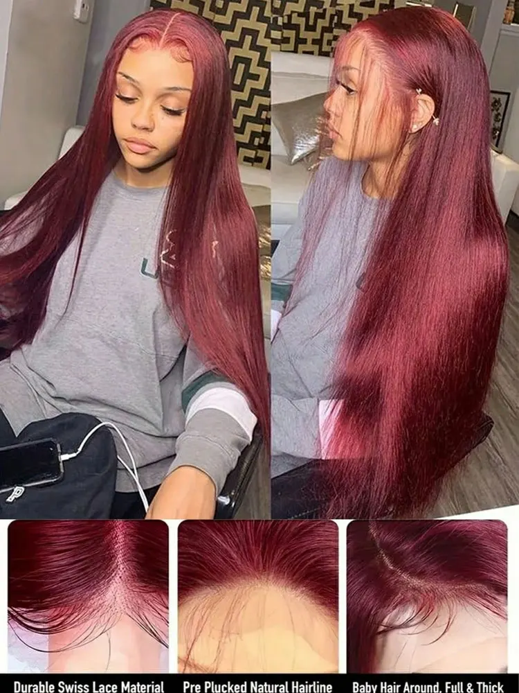 30 بوصة 99J بورجوندي 13x6 HD شفافة العظام شعر طبيعي مفرود الباروكات 100% البرازيلي خصلات الشعر المستعار الإنسان قبل قطعها 250 الكثافة #3