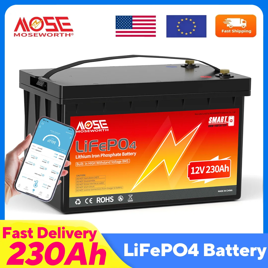 

MOSEWORTH 12V 230Ah LiFePO4 Battery with Bluetooth 200A BMS Lithium Iron Phosphate Battery Deep Cycle for RV Camper Solar