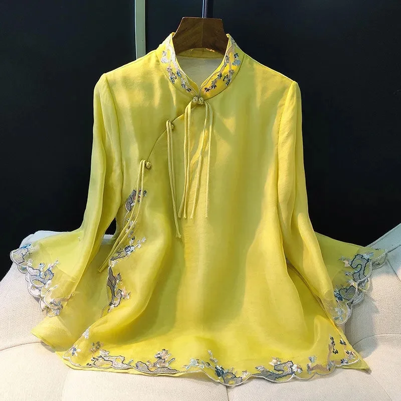 Chinese Style Women's Embroidered Short Top 2023 Spring New Retro Button Embroidered Imitation Silk Shirt Hanfu Trend