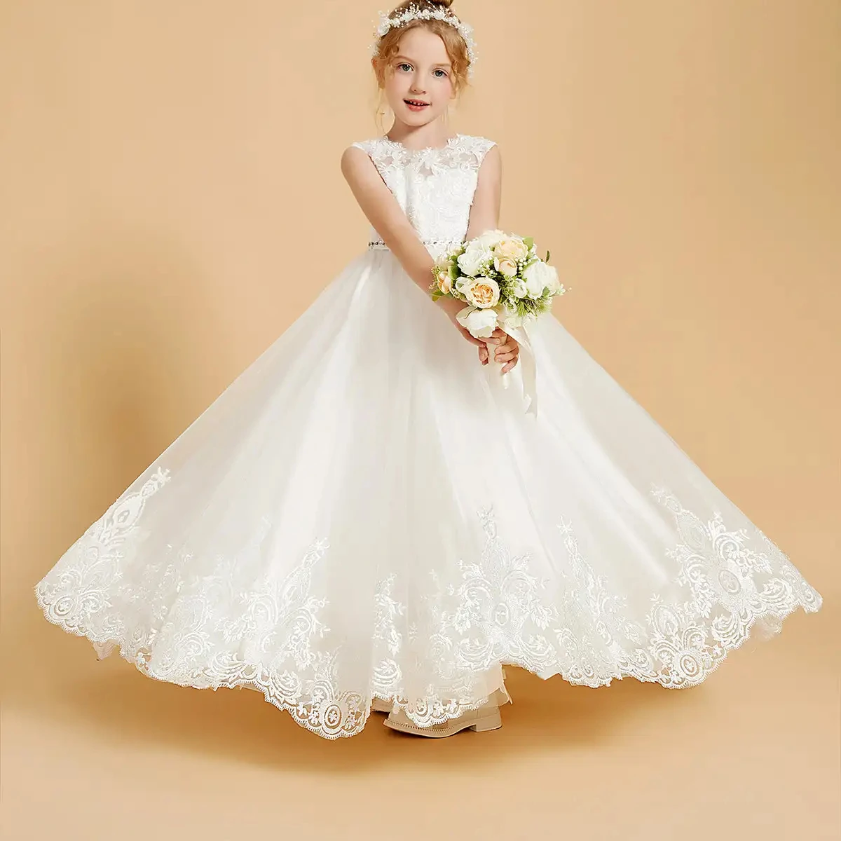 

Customized Flower Girl Dress For Wedding Lace V Back High Waist Sleeveless Floor Length Kids Birthday First Communion Gown