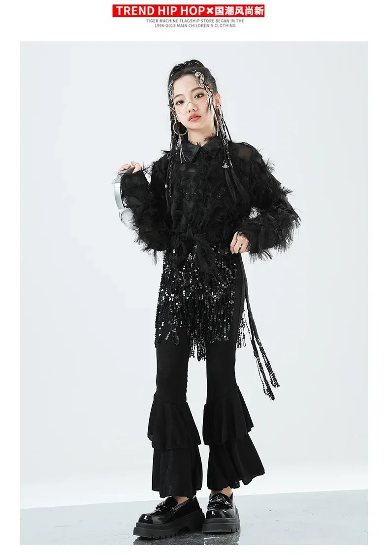 Mädchen Western-Style Performance-Outfit Jazz-Tanzkostüm mit Federn und Strass Glänzende Kinder-Bühnen-Partykleidung – Detail 3