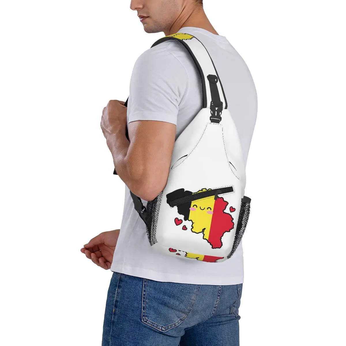 Bandeira da bélgica mapa sorriso com amor saco de peito masculino estilingue crossbody mochila saco de peito viagem caminhadas daypack bolsa de ombro