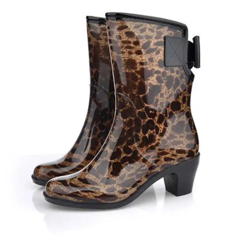 Rubber Boots Women Waterproof Shoes High Heels Ankle Boots 2022 Spring New Sexy Leopard Thick Heel Rain Boots for Rain