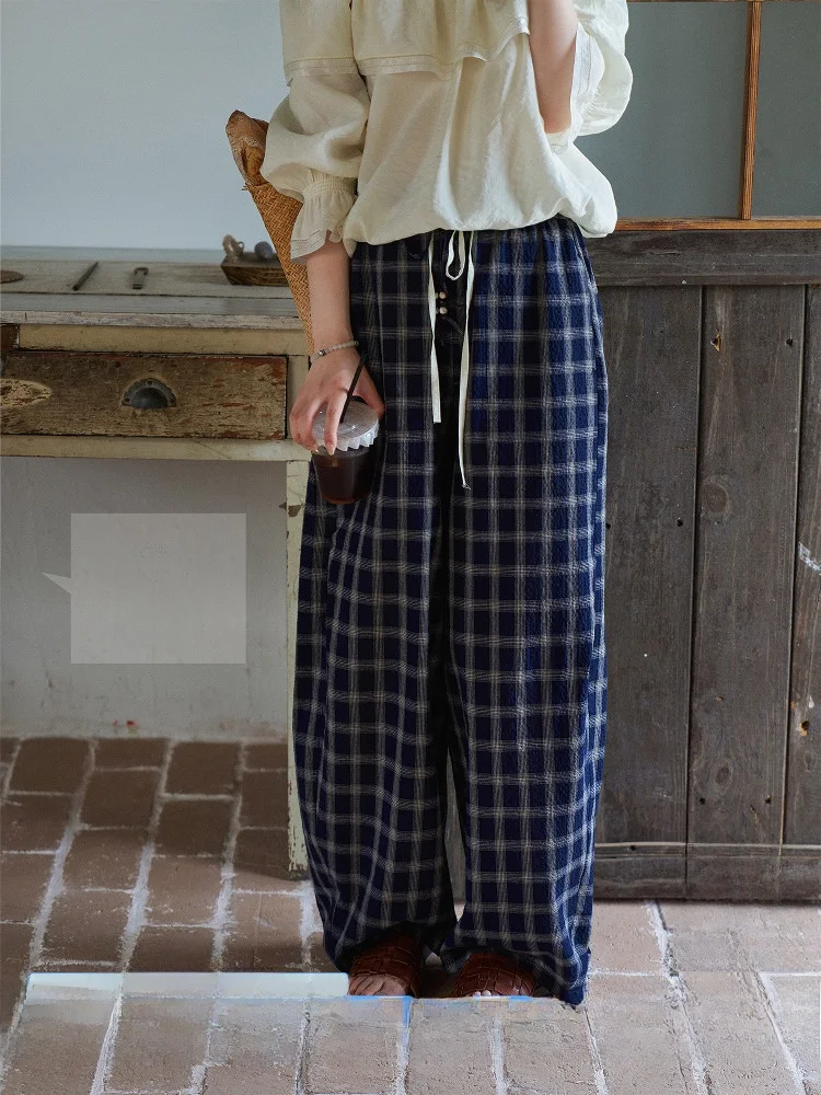 

Casual Wide Leg Pants Women's Plaid Elastic Waist Texture Sensation Black Vinyl Pleated Workroom Long Pants Female Leisure