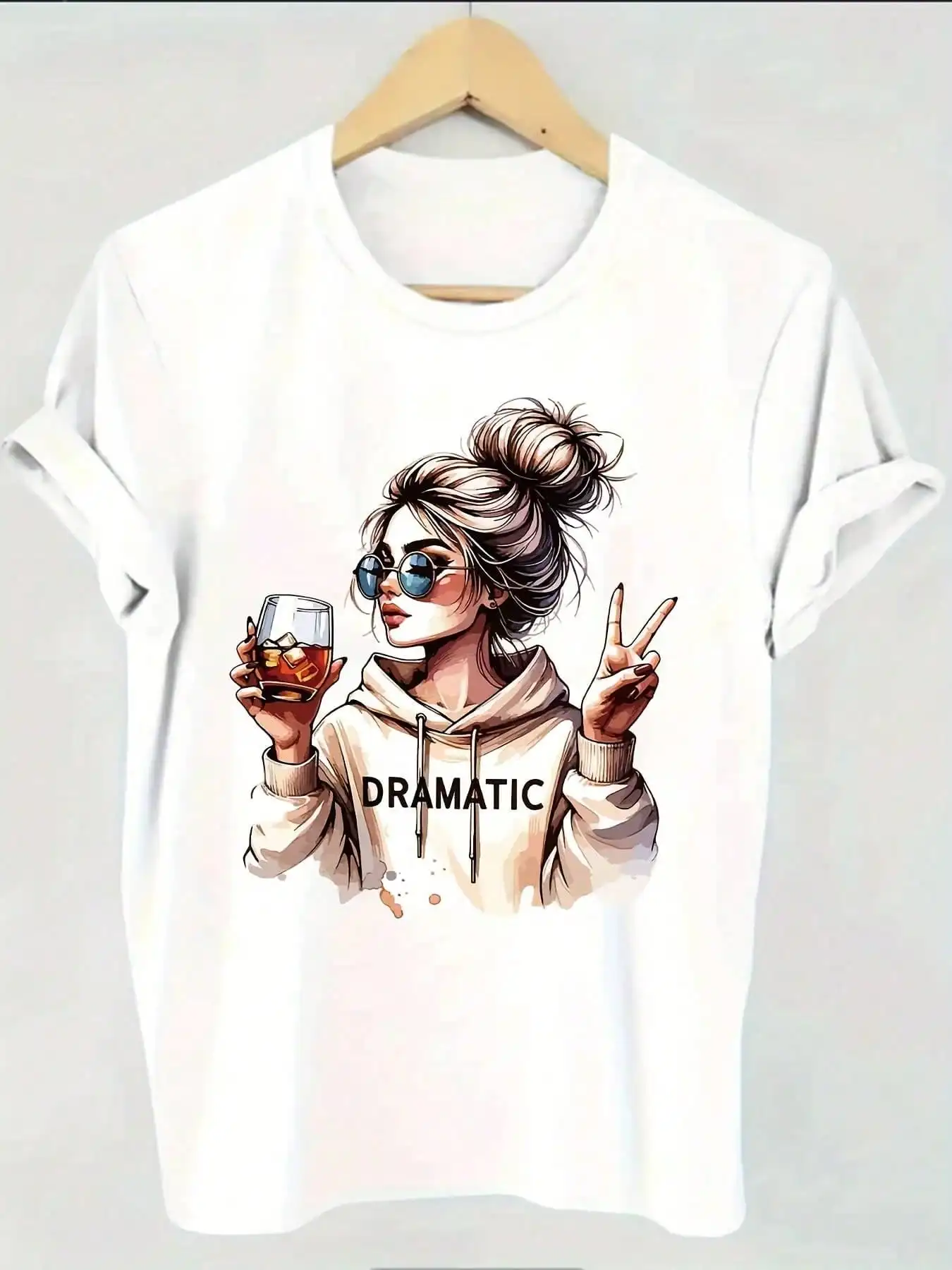 pc Women's Casual Short Sleeve-Shirt with DRAMATIC Graphic Print Cartoon Illustration, Relaxed Fit Round Neck Tee, All-Season Comfort Casual Attire.