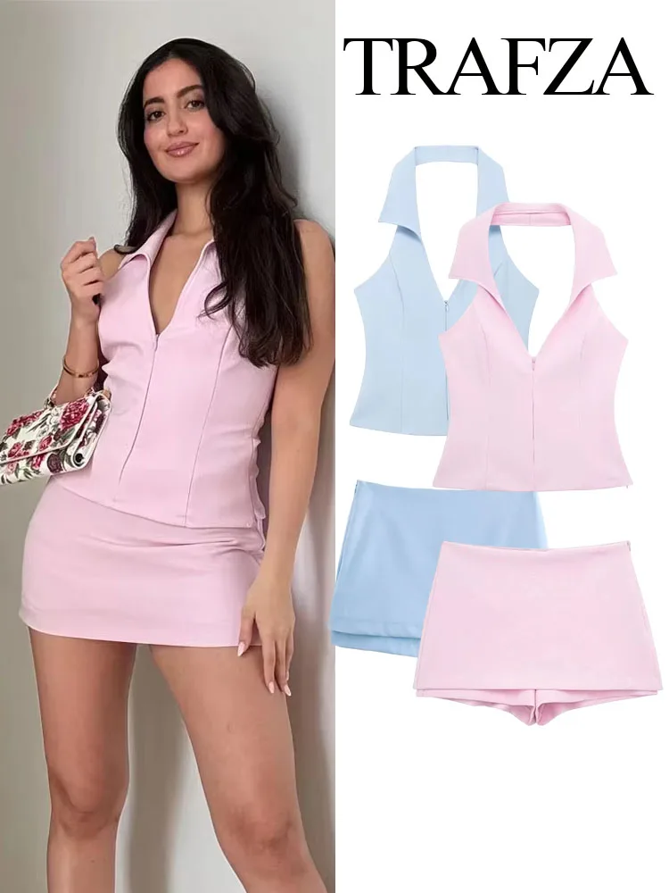 

TRAFZA Women Fashion Sexy V-Neck Sleeveless Backless Suspender Zipper Short Top+High Waist Back Pocket Mini Shorts 2 Piece Set