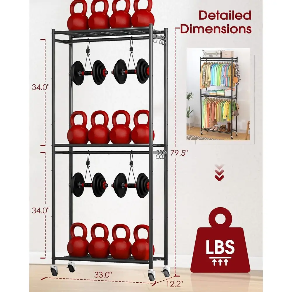 Rak Pakaian Logam Multi-Fungsi dengan Rak & Roda, 33x12.2x79.5, Lemari Kokoh untuk Kamar Tidur, Ruang Cuci, Balkon - Hitam