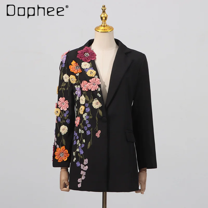 

High-end Elegant Embroidered 3D Flower Blazer Female Elegant Versatile Slim Fit Long Sleeve Jacket Women Elegant Socialite Coat
