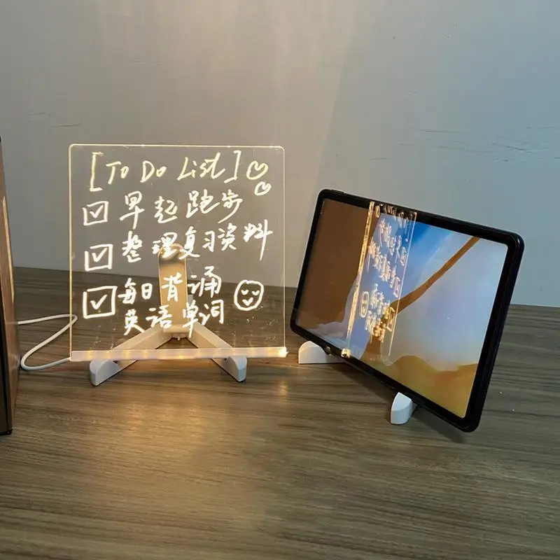 Acrylic Message Board Will Glow USB Transparent LED Night Light Creative Desk Lamp Note Daily Moment With Pens Stand Holder