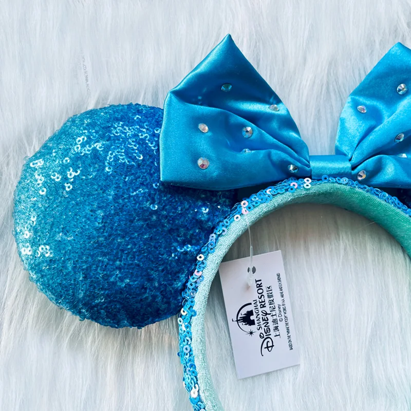 New Disney Klein Blue Headband Sequins Inlaid Diamond Bow Headband Cartoon Ear Mickey Minnie Ears Adult/Child Headbands