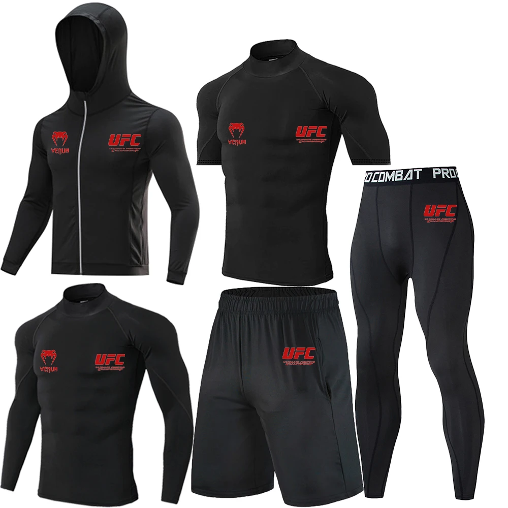 UFC 5 Piece/set Dry and Fitted Men's Training Sportswear Set, Gym Fitness Compression Suit, Men's Jogging Tight Fitting Sportswe