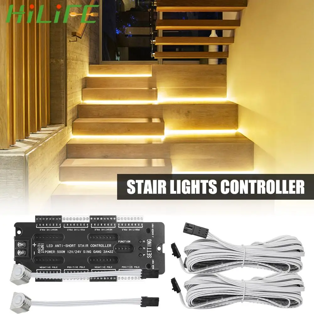 Adjustable Brightness For Stairs Flexible Strip DC 12V 24V 32 Channels Stair Light Controller Kit LED Motion Sensor