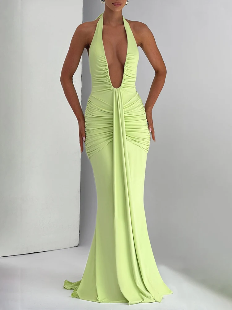 

Deep V Neck Backless Ruched Sexy Maxi Dress Women Gown Summer Halter Sleeveless Draped Robe Elegant Club Party Long Dress 2025