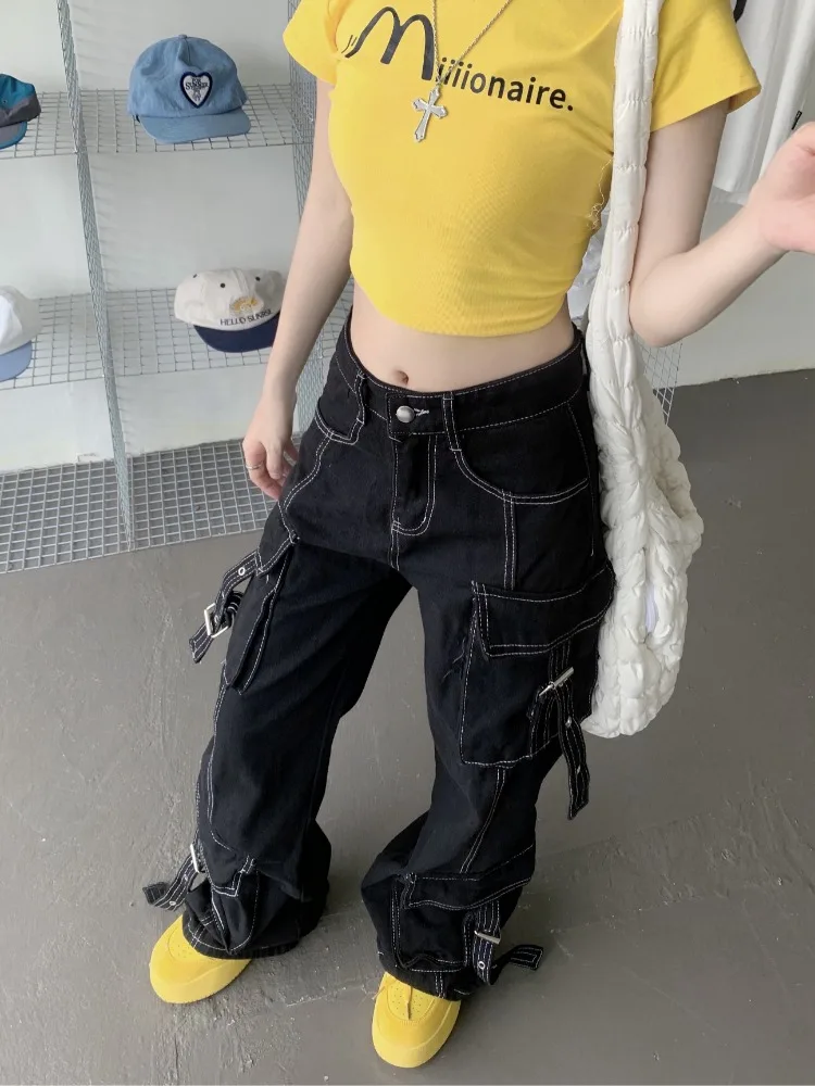 Deeptown Y2k Harajuku Streetwear High Waist Wide Leg Pants American Vintage Pockets Bandage Solid Loose Denim Trousers 2000s