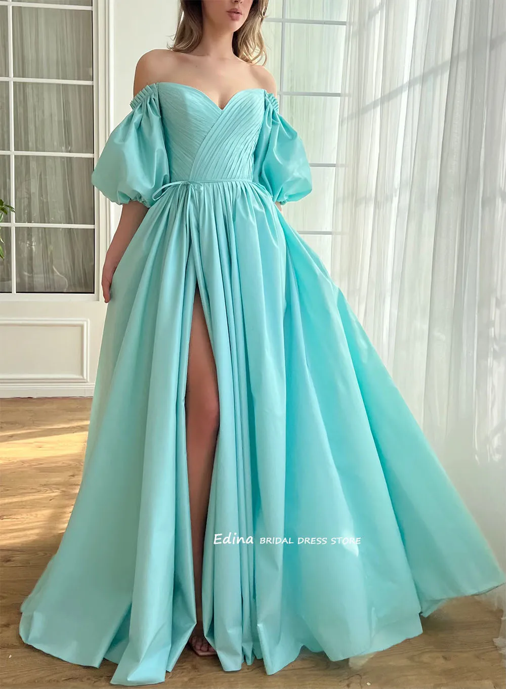 Edina Sweetheart Blue Teffeta Ruched Long Prom Dresses Custom Made Puffy Sleeves Young Girl Party Gowns