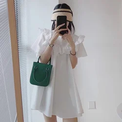 Minivestido de maternidad para mujer embarazada, vestido plisado de algodón, manga corta de pétalo, cuello redondo, volantes, retazos, 2023