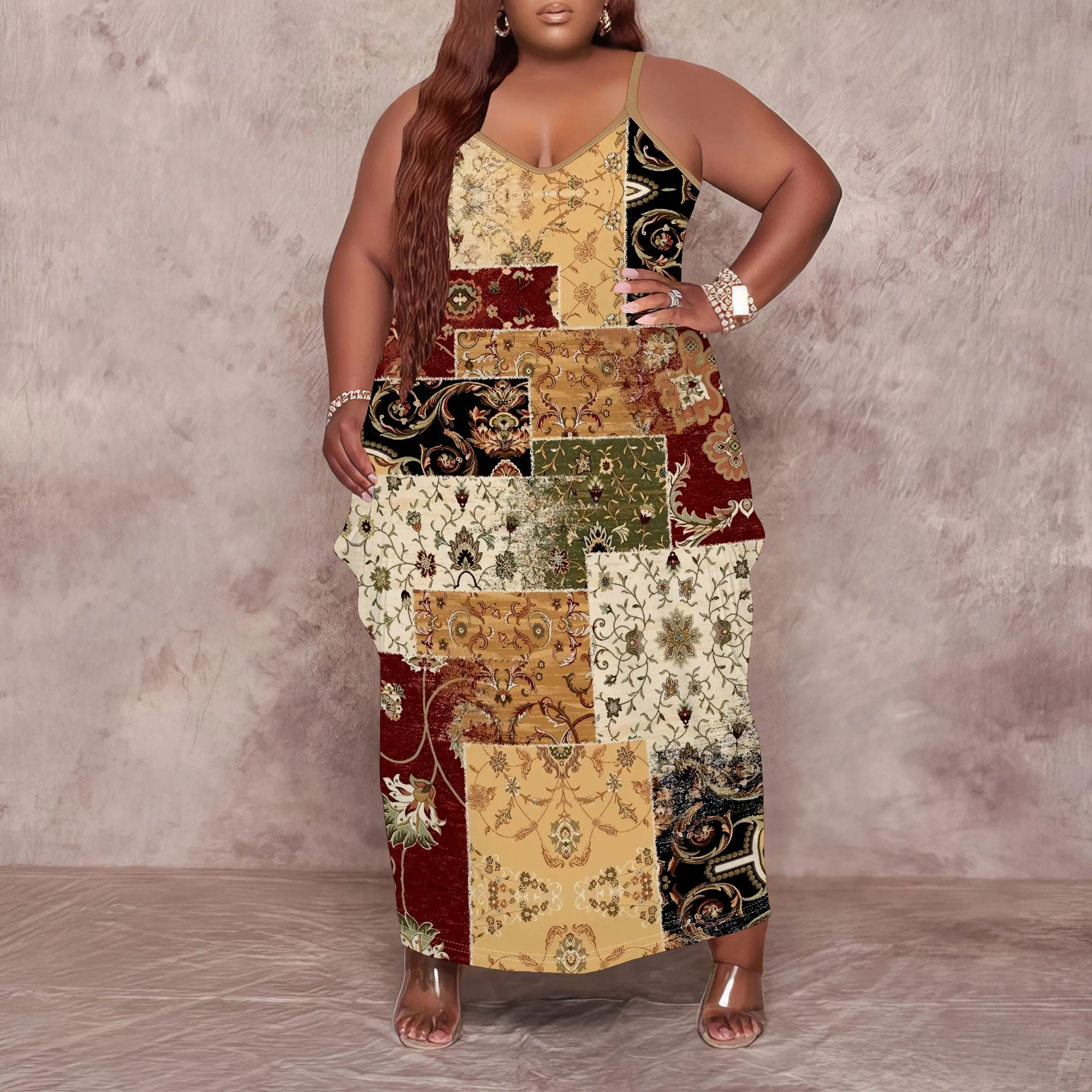 

SheFirstStyle Plus Size Women Patchwork Print Maxi Dress Sleeveless Boho Summer Sundress
