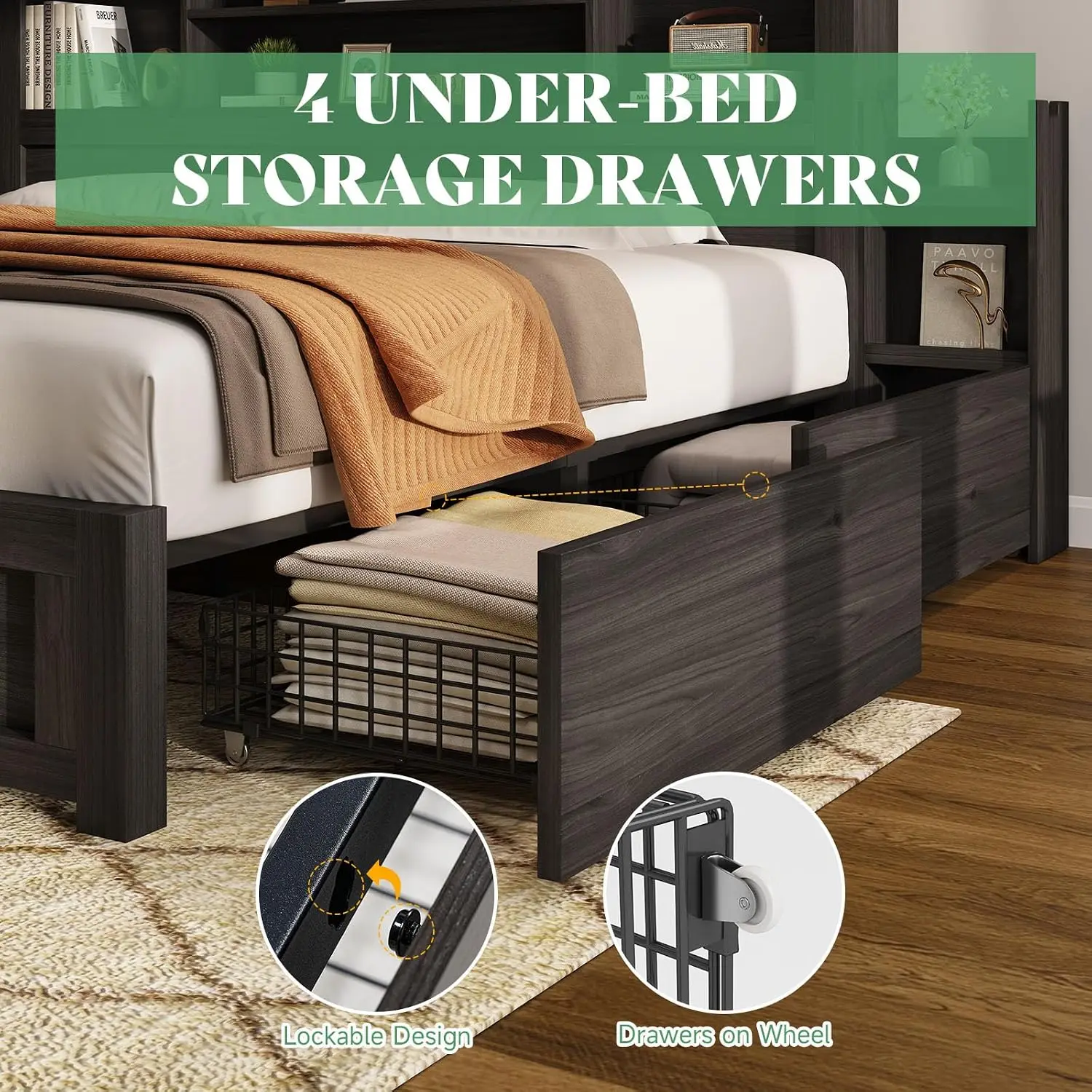 Full Bed Frame with Bookcase Headboard & Storage, Black, Customized image 6
