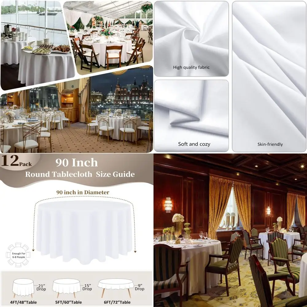 

90 Round White Polyester Tablecloth, Wrinkle & Washable, Ideal for Dining, Weddings, and Parties