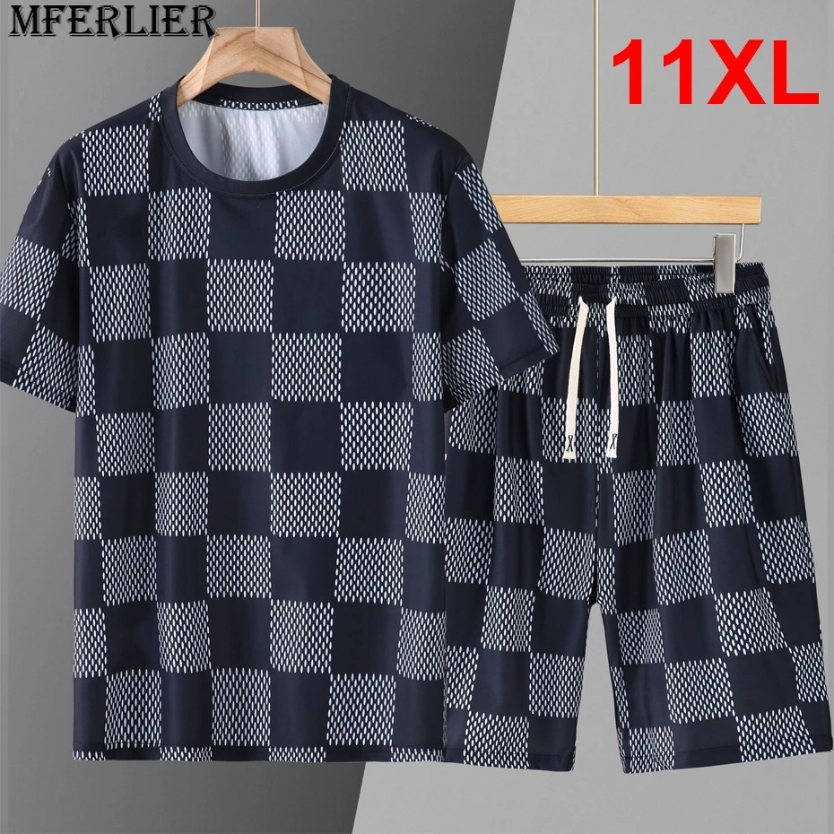 

Summer Tracksuits Men Plus Size 10XL 11XL Summer Sets Casual Fashion Plaid T-shirts Shorts Suits Male Big Size 11XL