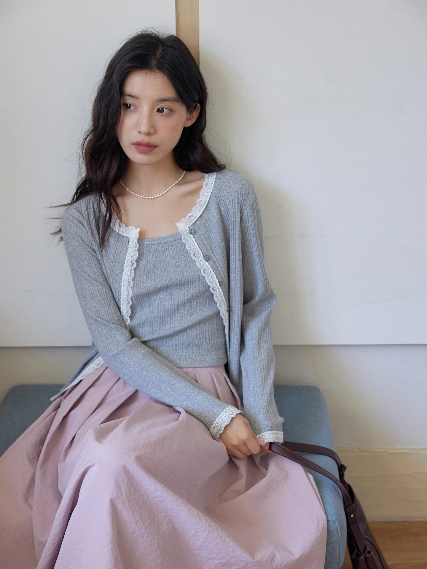 

Ele Lace Trim Knitted Ribbed Open Cardigan Women's Autumn Sle Light ey Strap Vest Two-Piece Set Commute Vintage Regul...