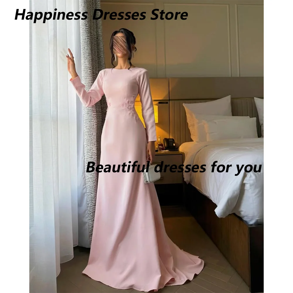 

Pink Evening Dress Customized Long Sleeves O-Neck Flower Floor Length Jersey Saudi Arab Prom Gown Arabian Formal Dresses 2025