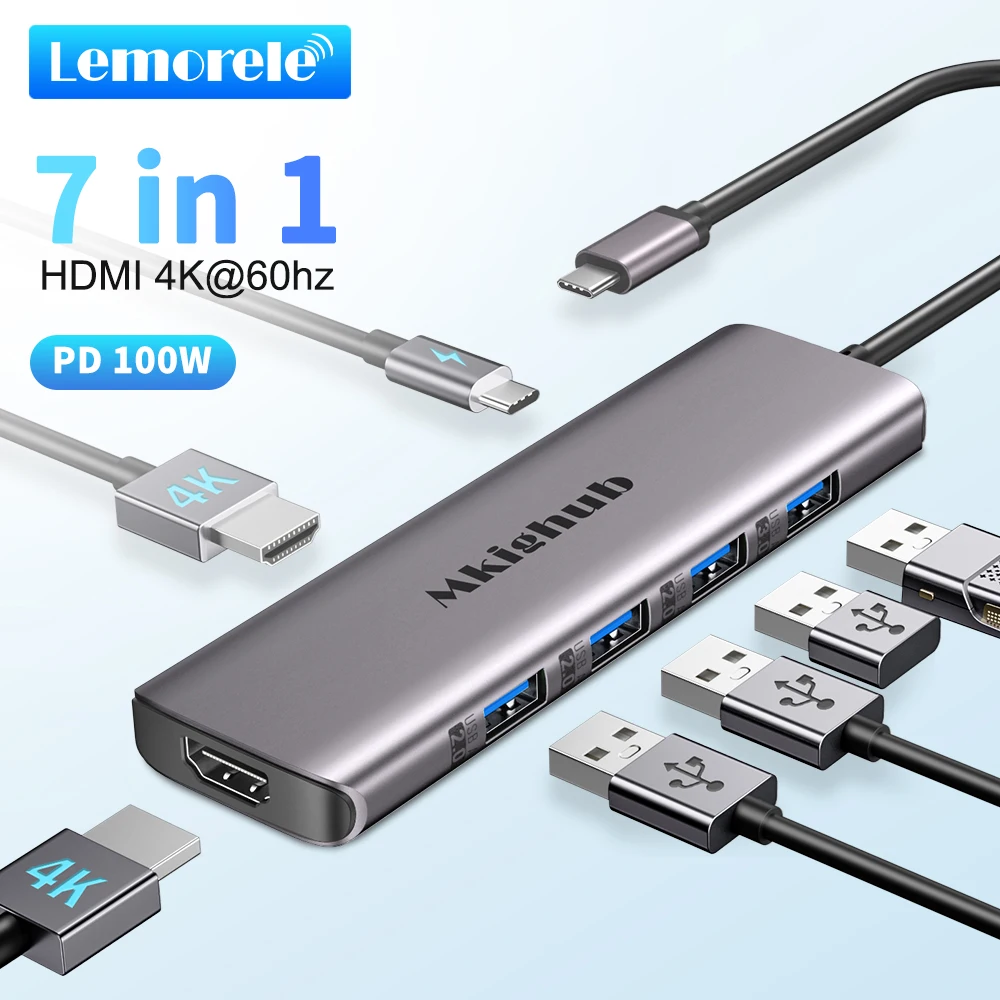 

Lemorele TC66L 7 in-1 USB Hub Type C Docking Station USB 3.0 Hub 4K HDMI 100W PD Multi Splitter Adapter for Macbook Windows iOS