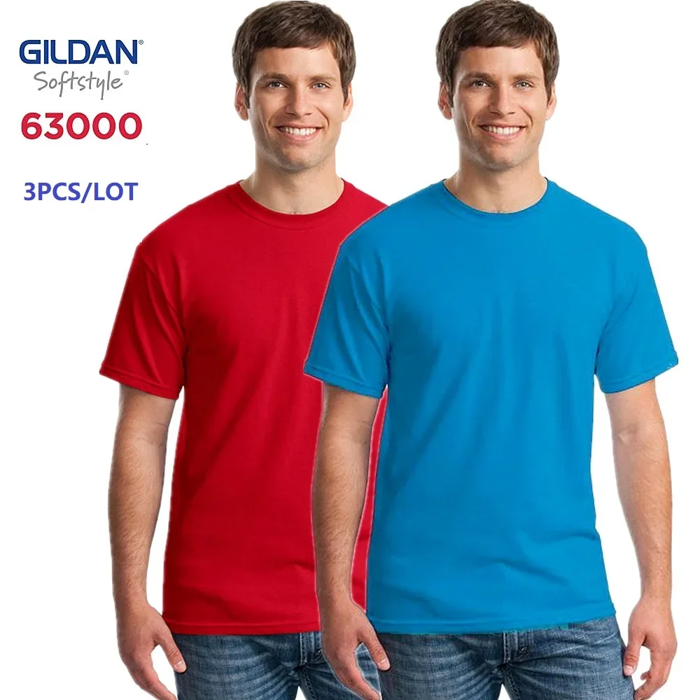 GILDAN 63000 3pcs Men 100%Cotton T-shirts Solid Short Sleeve T Shirt Mens Tops Tees Basic TShirts Customized Logo Photo Print