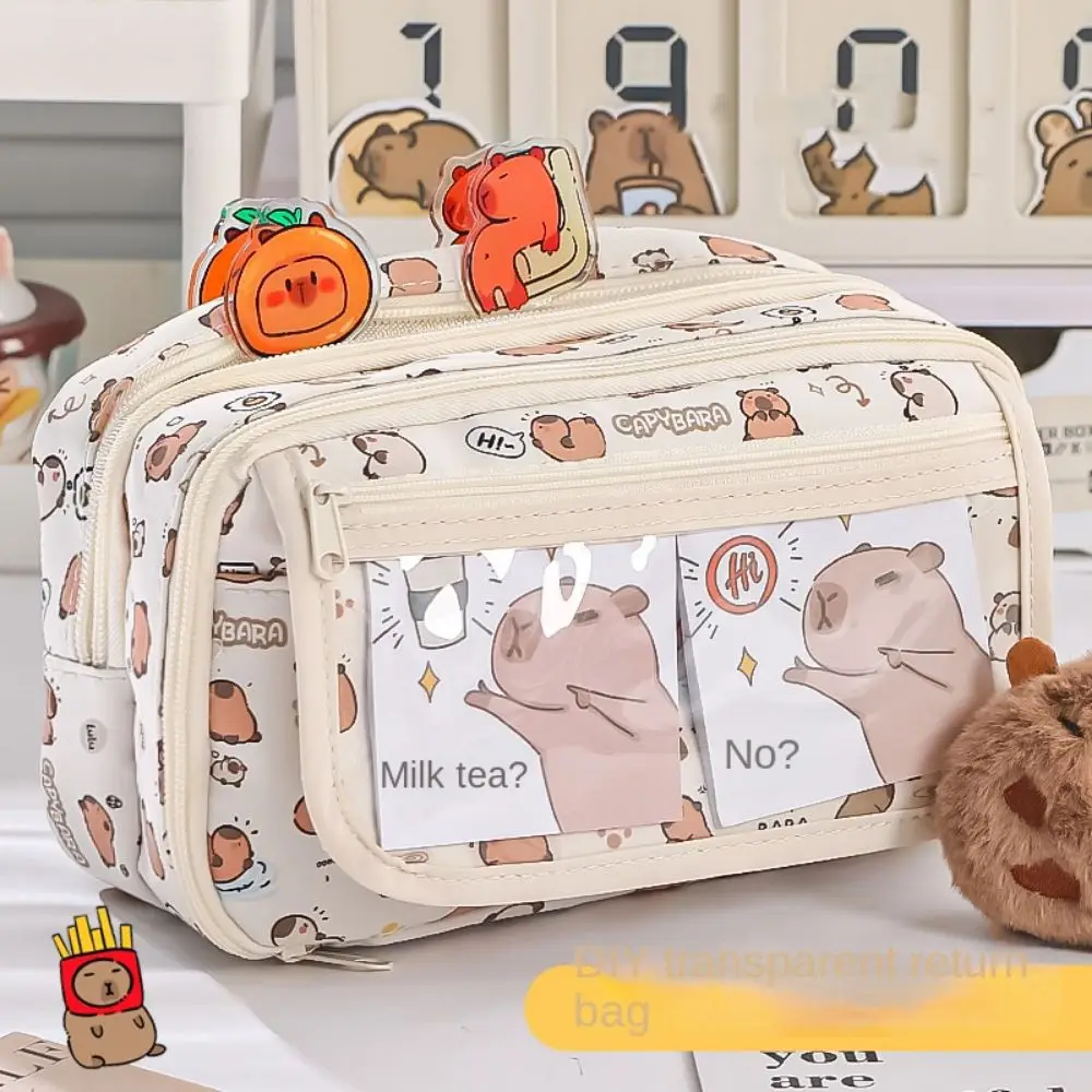 Multi Layer Capybara Stationery Bag Transparent Pocket Large Capacity Capibara Pencil Bag Black Cat Flip Cover Cartoon Pen Pouch