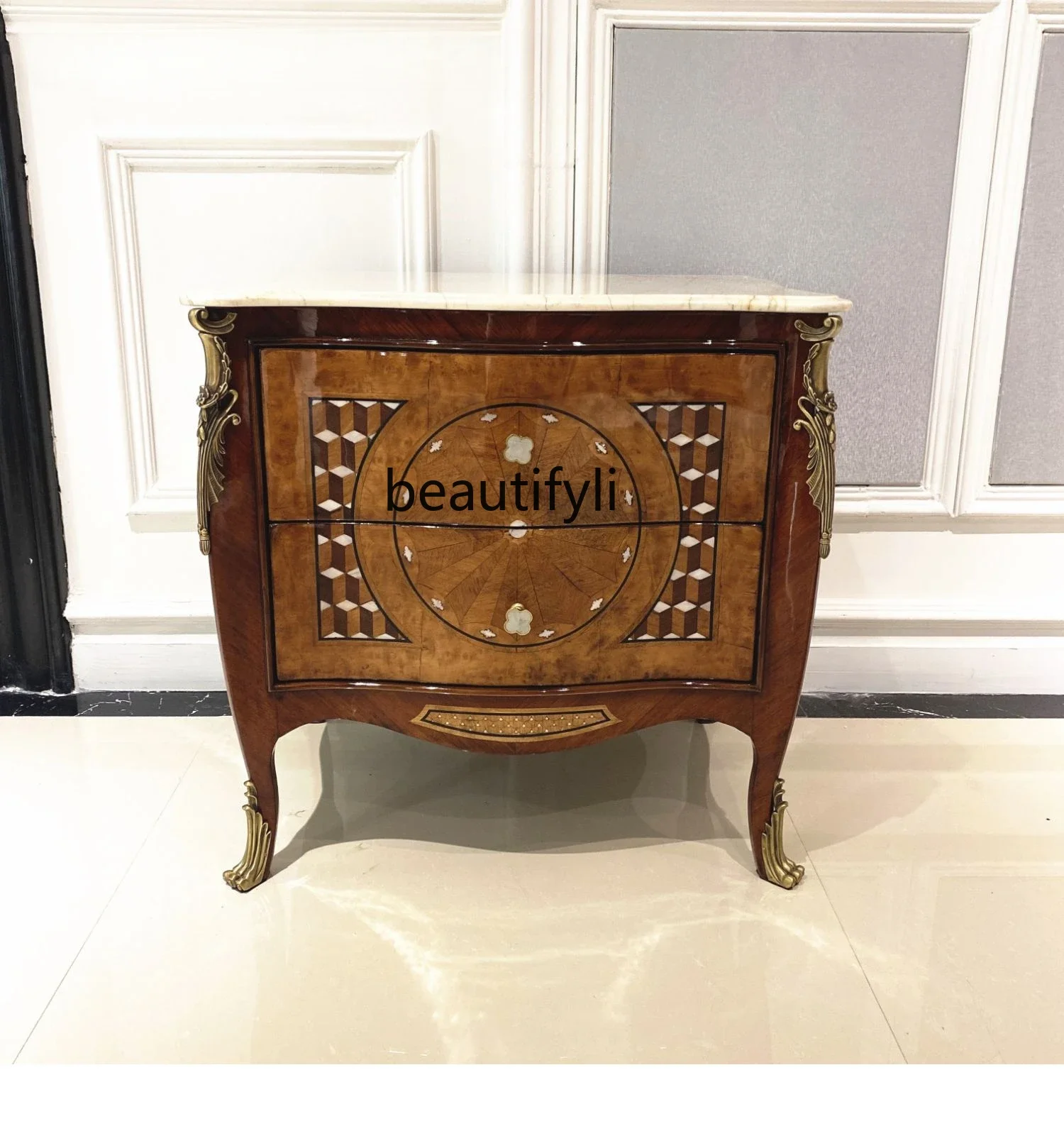 

yj58 European bedside table villa classical solid wood storage cabinet metal foot corner parquet cabinet