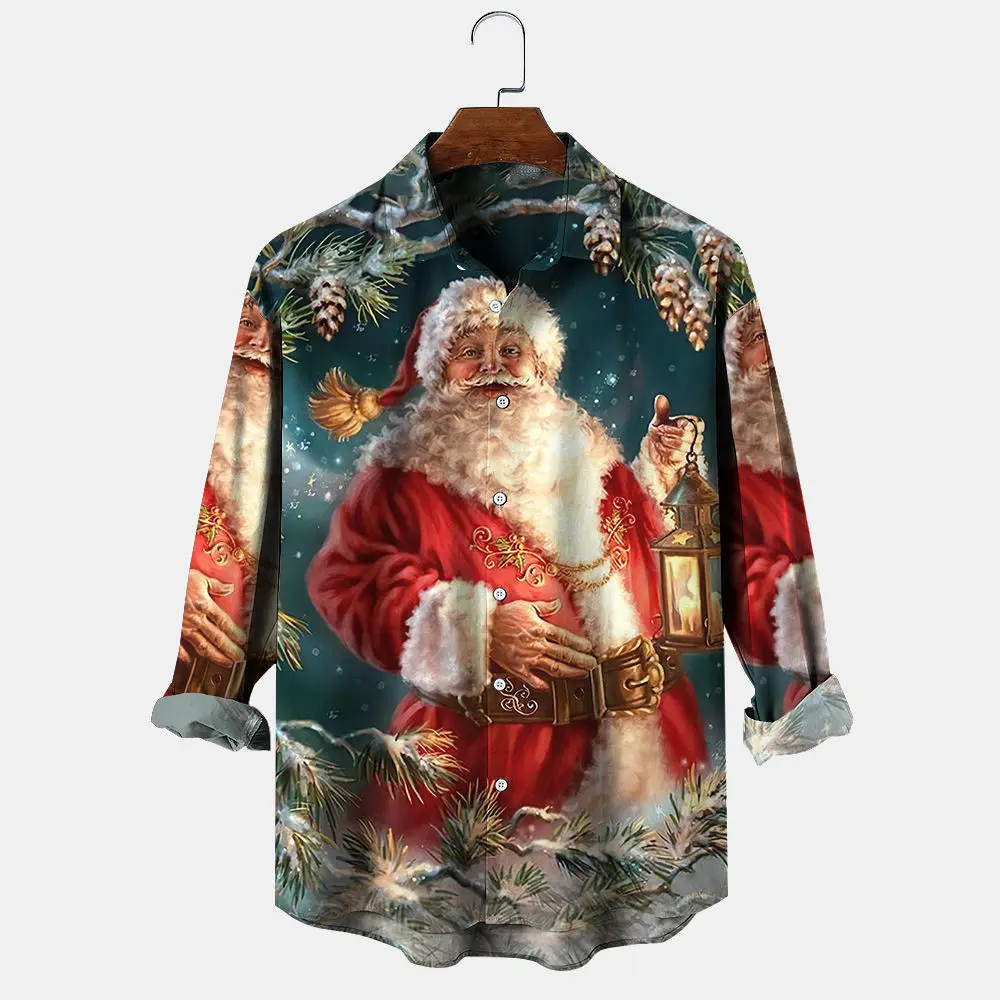 Men's Christmas Long Sleeved Shirts Autumn Santa Claus Printing Mens Long Sleeved Fashion Holiday Party Clothing Personality Top