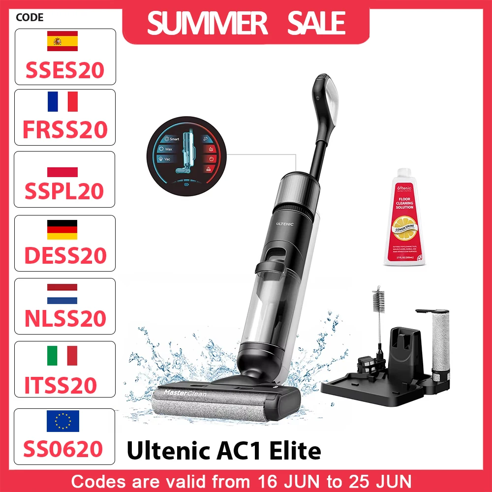 Aspirapolvere e scopa senza fili Ultenic AC1 Elite con autopulizia fino a 50 minuti di autonomia Rilevamento intelligente dello sporco 3 modalità di pulizia Display LCD