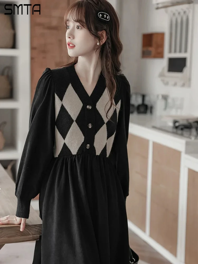 Vintage lengan panjang leher V Sweater rajut wanita pakaian Streetwear Knit Gaun Midi Fashion Korea musim dingin 2024 hangat