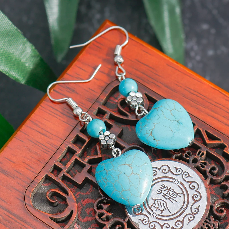Aihua Maxi Bohemian Natural Stone Beads Flowers Big Hearts Drop Earrings for Women Jewelry Vintage Tibet Silver Color