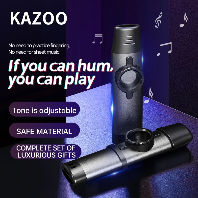 Kazoos with 5 extra Membranes, Metal Kazoo with Adjustable Tone for Guitar, Ukulele, Violin, Piano, Keyboard, Easy to Learn