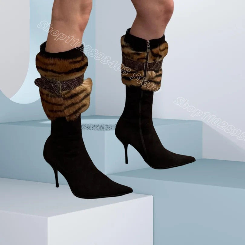 

Black Fur Flock Winter Boots Pointed Toe Stiletto Heels Fashion British Style Women Dress Party Knee Boots Zapatos Para Mujere