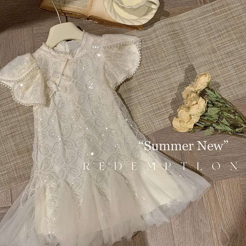 Girls Dress 2024 Summer New Fashion Little Girl White Fashionable sweat and gentle Princess Dress