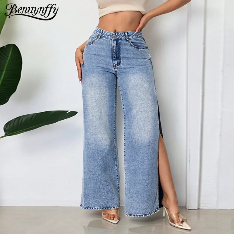 

Benuynffy Sexy High Split Mid Waisted Jeans Women's Spring Summer Fashion Street styel Loose Wide Leg Denim Trousers Woman New