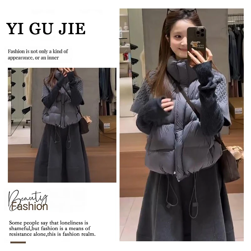 

Fall Winter Korean Sle Cotton Jaet Base irt High Waist Skirt Tee Piece Set Women's Faion Warm Long Sve Stan...