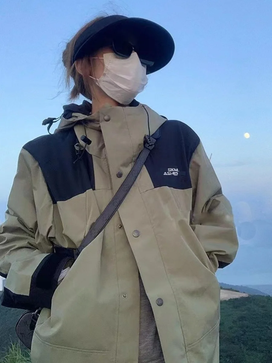 アメリカ軍グリーンアウトドアクライミングジャケットメンズレディース春秋防水防風カラーブロックハイキング服