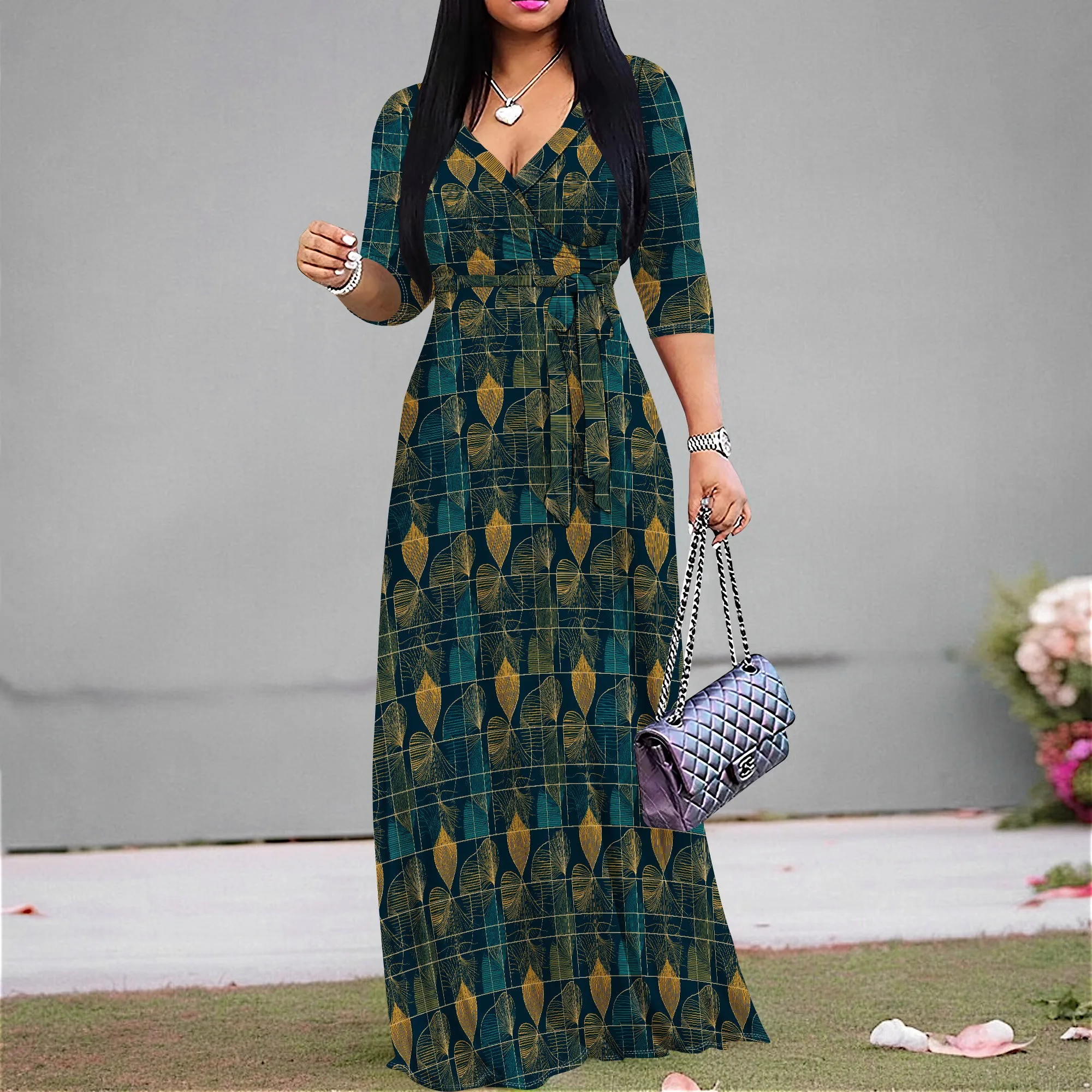 

Modern Leaf Print Maxi Dress for Fall and Spring S-3XL