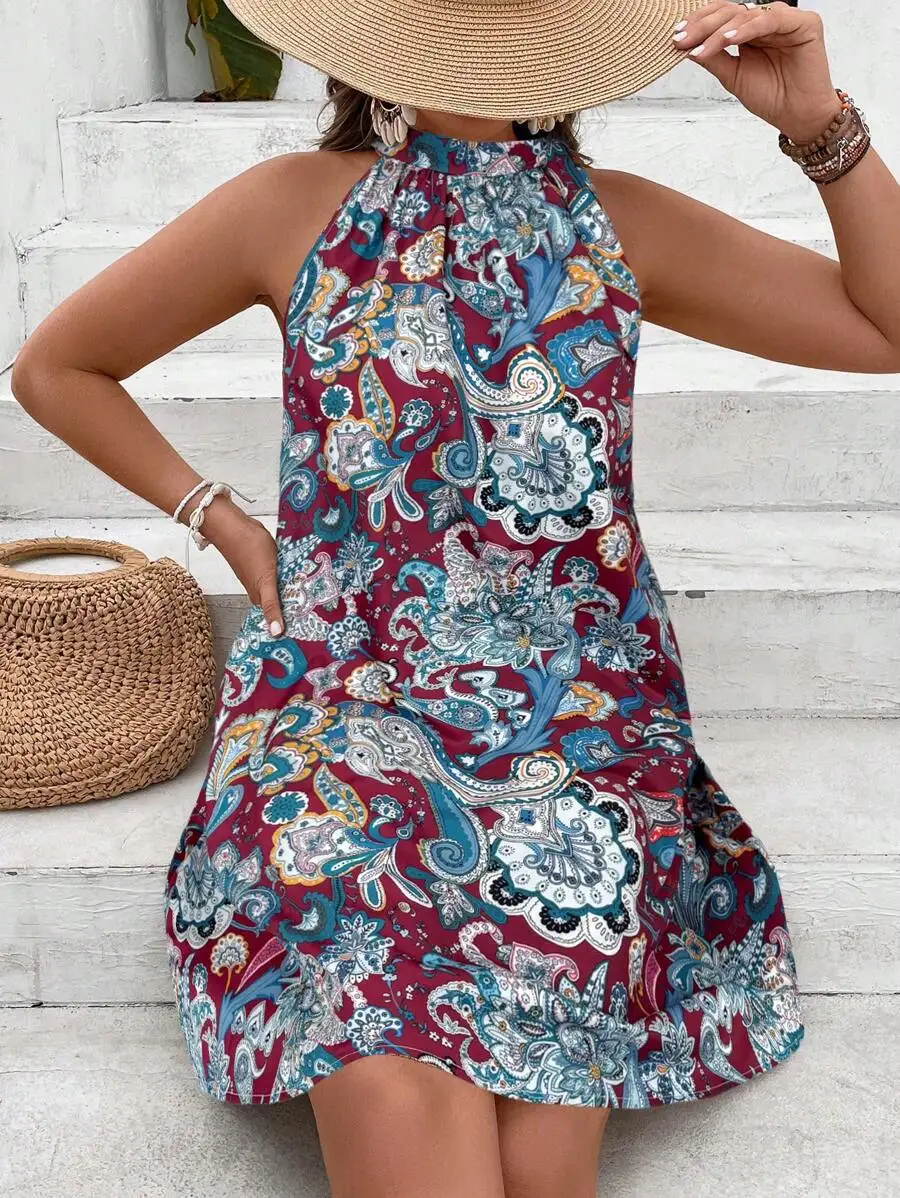 

Boho Floral Print Halter Neck Mini Dress for Summer Vacation
