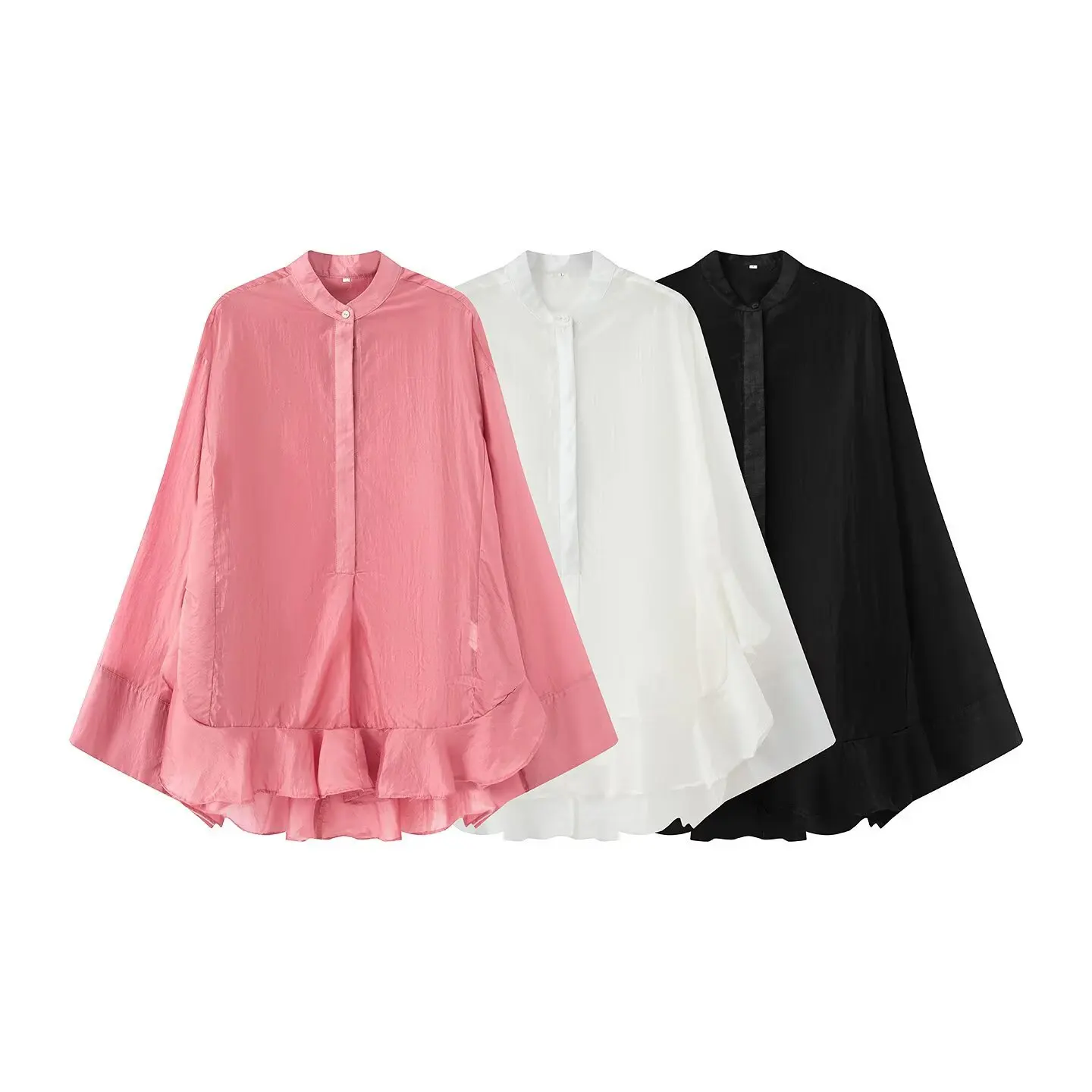 

Women's Casual Solid Color Shirt Winter Retro Fashion Batwing Sleeve Round Neck Ruffle Blouse Single-Breasted Long Sleeve Top