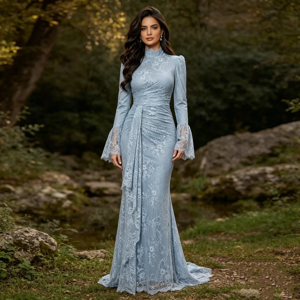 

Customized Elegant LaceLong Sleeves Evening Gowns Pleat Trumpet Long Dresses Elegant Party Wedding Guest Dress